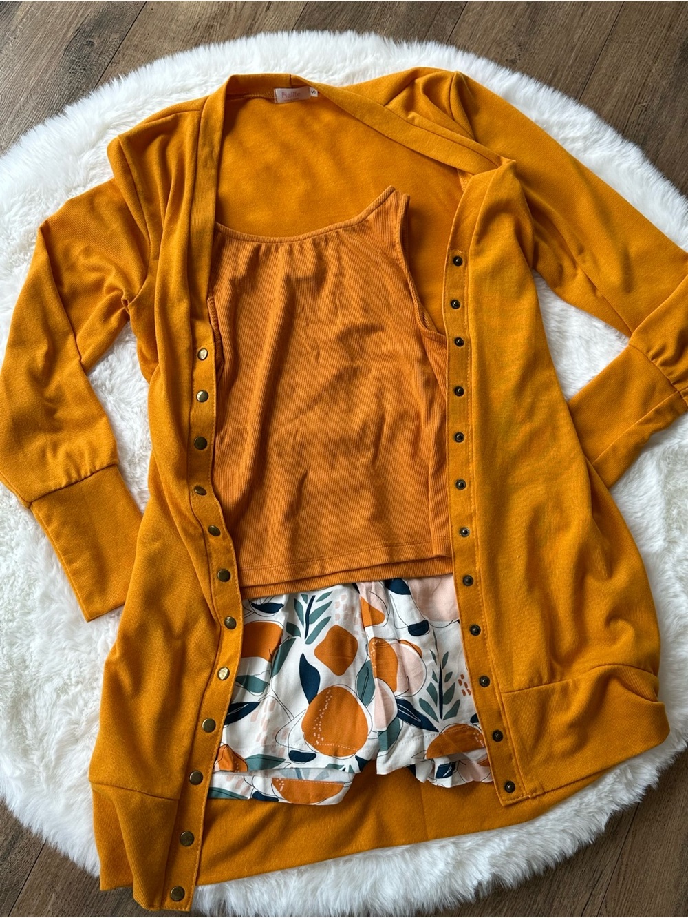 Soma Tell Tale Oranges Mustard Women's Long Cardigan Tank Shorts Sleep Set Small